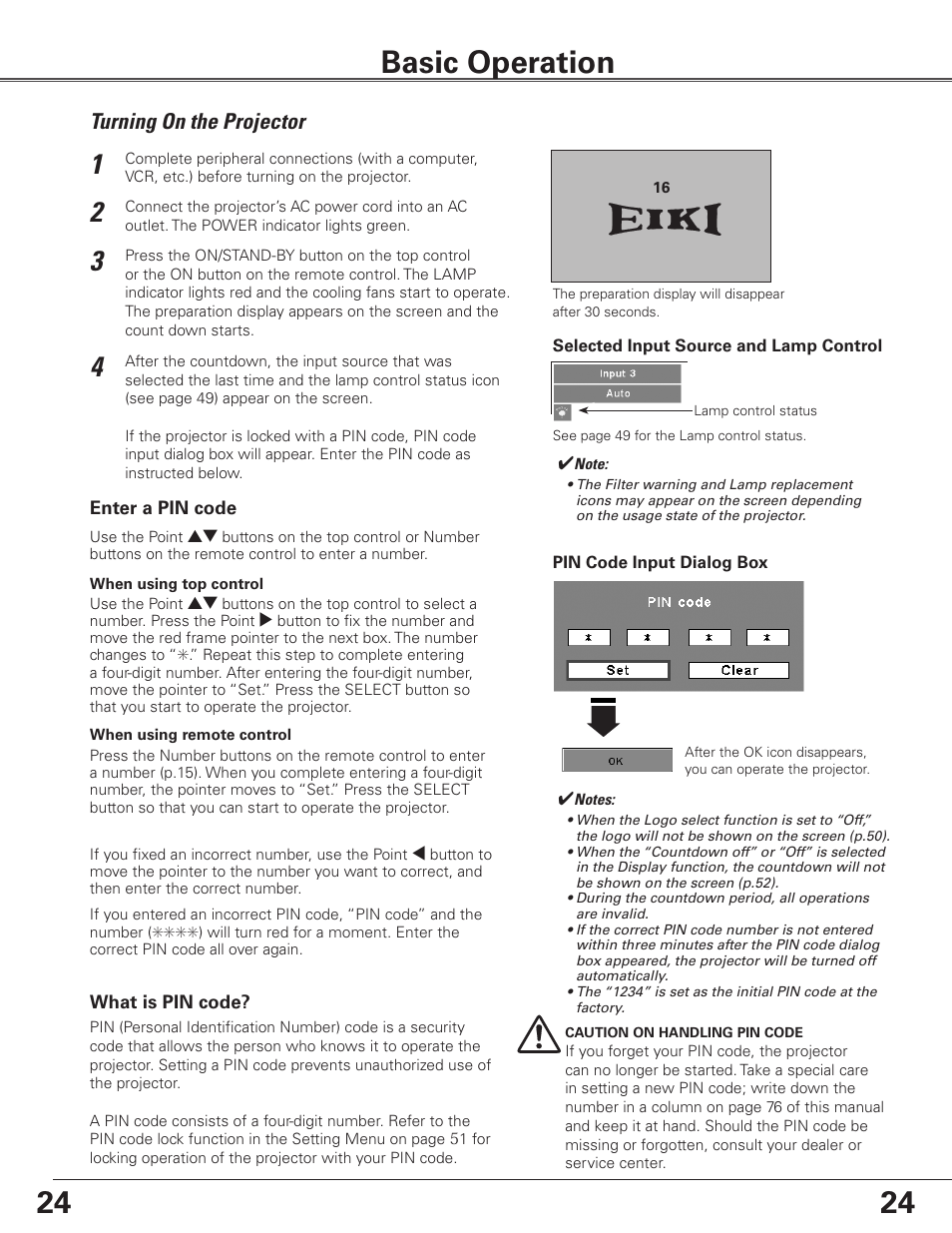 Basic operation, Turning on the projector | Eiki Multimedia Projector LC-XG400L User Manual | Page 24 / 78