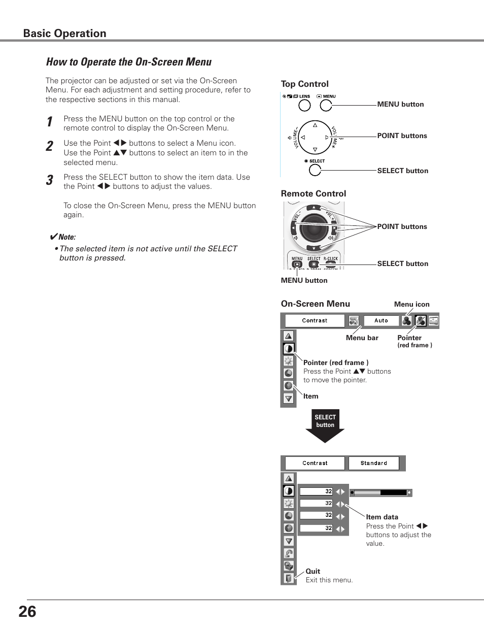 How to operate the on-screen menu, Basic operation | Eiki Multimedia Projector LC-XG400L User Manual | Page 26 / 78