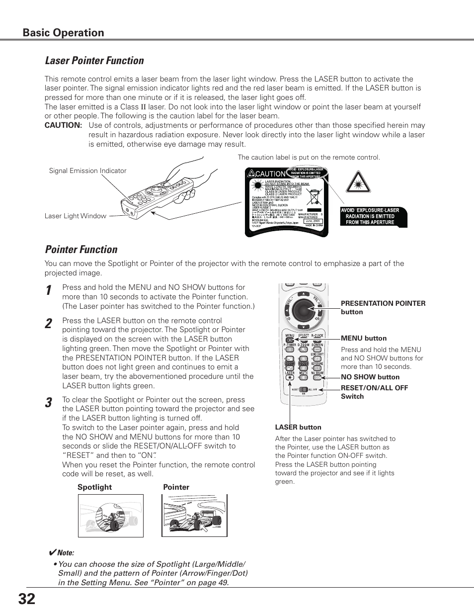 Laser pointer function, Pointer function, Basic operation | Eiki Multimedia Projector LC-XG400L User Manual | Page 32 / 78