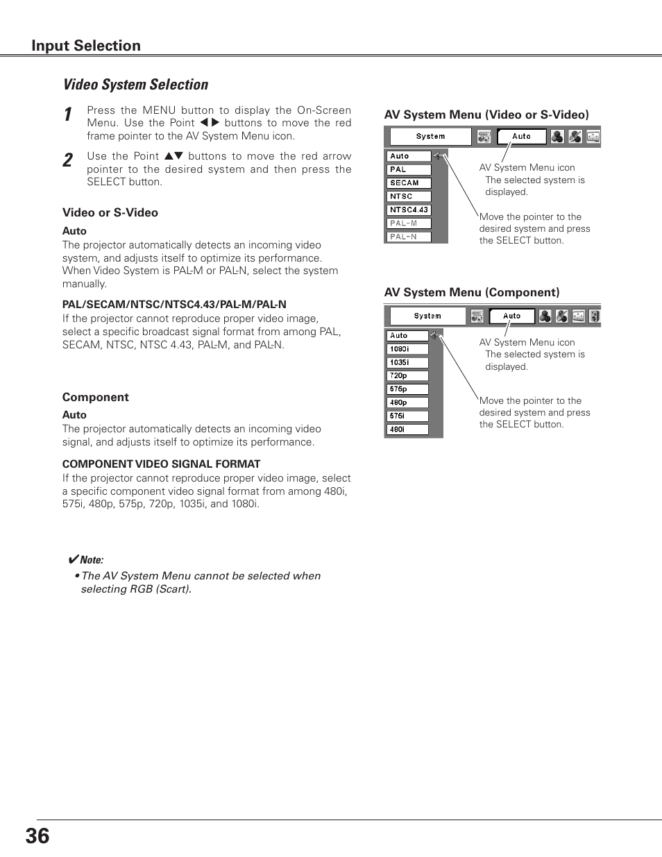 Video system selection, Input selection | Eiki Multimedia Projector LC-XG400L User Manual | Page 36 / 78