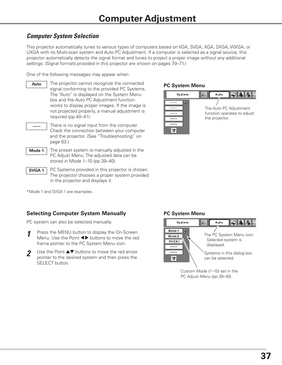 Computer adjustment, Computer system selection, Computer adjustment . . . . . . . . . . . . . 7 | Eiki Multimedia Projector LC-XG400L User Manual | Page 37 / 78