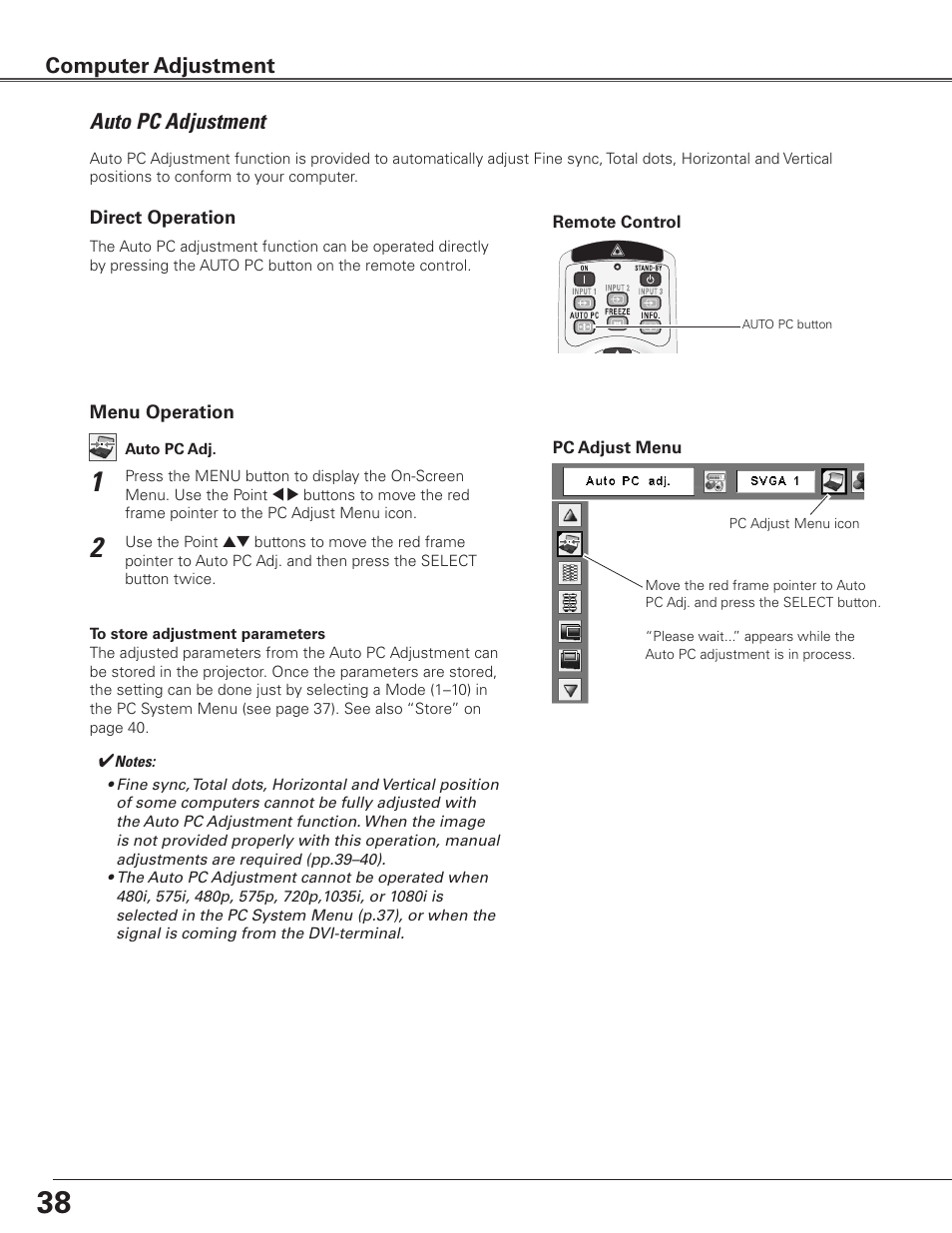 Auto pc adjustment, Computer adjustment | Eiki Multimedia Projector LC-XG400L User Manual | Page 38 / 78