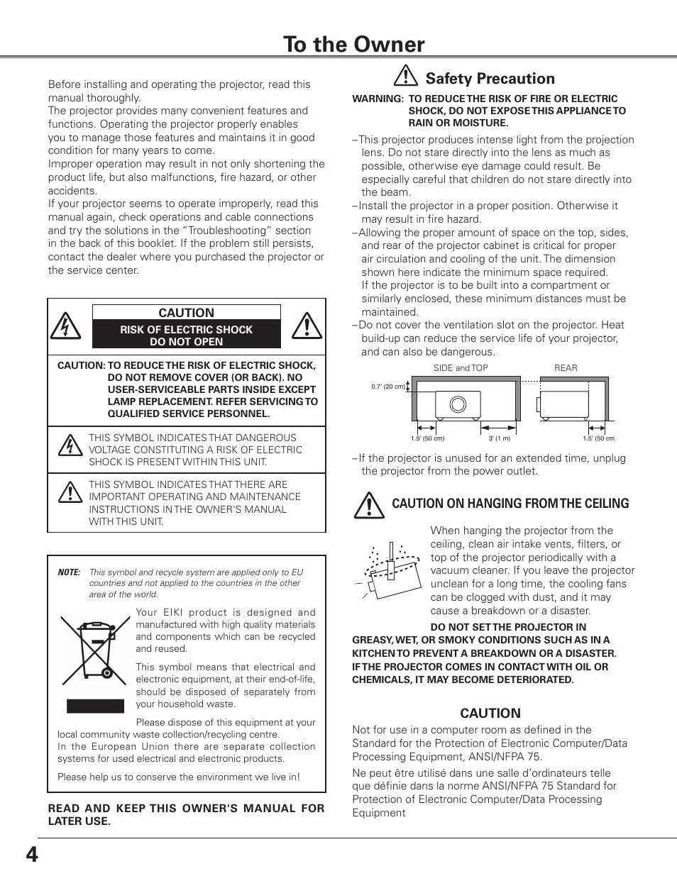 To the owner, Safety precaution | Eiki Multimedia Projector LC-XG400L User Manual | Page 4 / 78