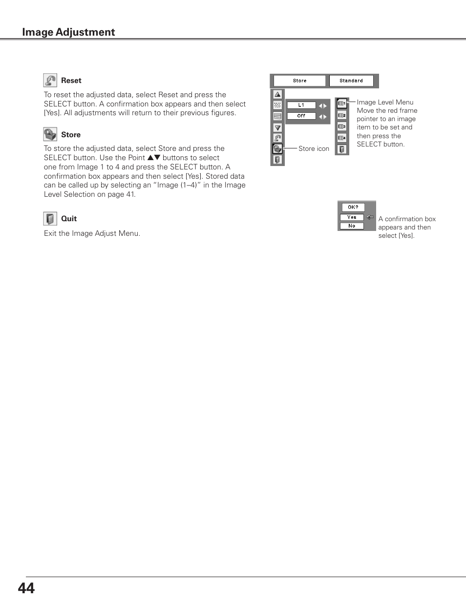 Image adjustment | Eiki Multimedia Projector LC-XG400L User Manual | Page 44 / 78