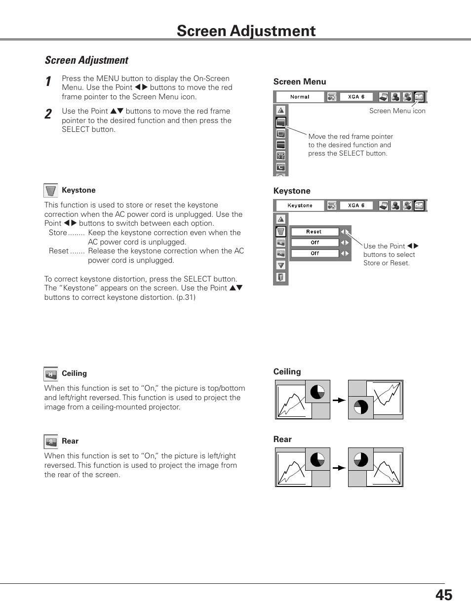 Screen adjustment | Eiki Multimedia Projector LC-XG400L User Manual | Page 45 / 78