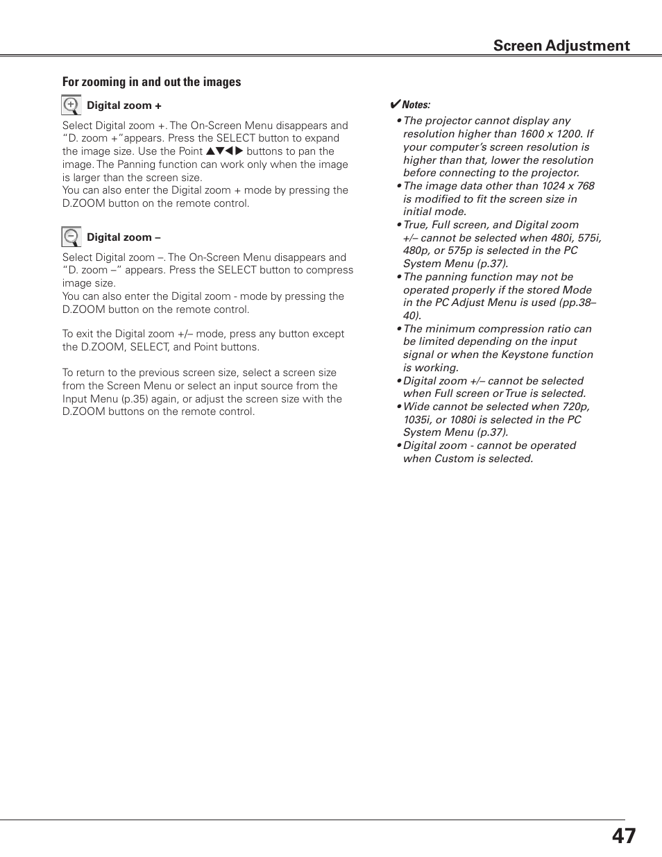 Screen adjustment | Eiki Multimedia Projector LC-XG400L User Manual | Page 47 / 78