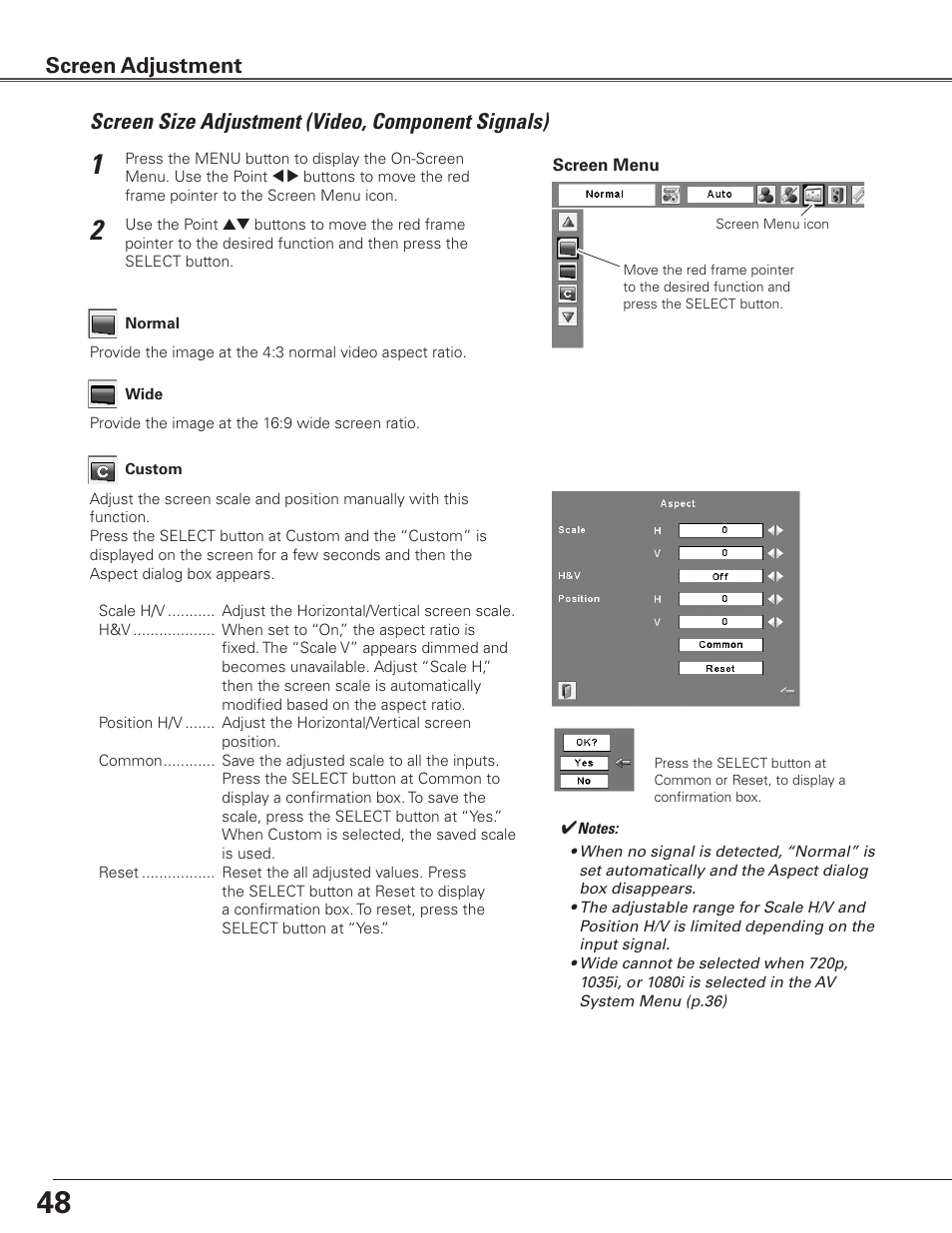 Screen size adjustment (video, component signals), Screen adjustment | Eiki Multimedia Projector LC-XG400L User Manual | Page 48 / 78