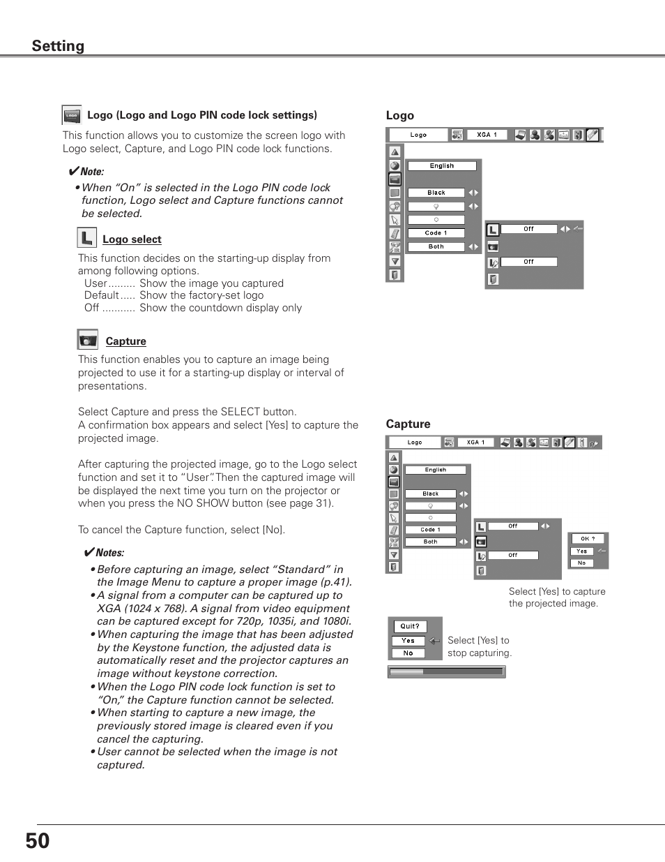 Setting | Eiki Multimedia Projector LC-XG400L User Manual | Page 50 / 78