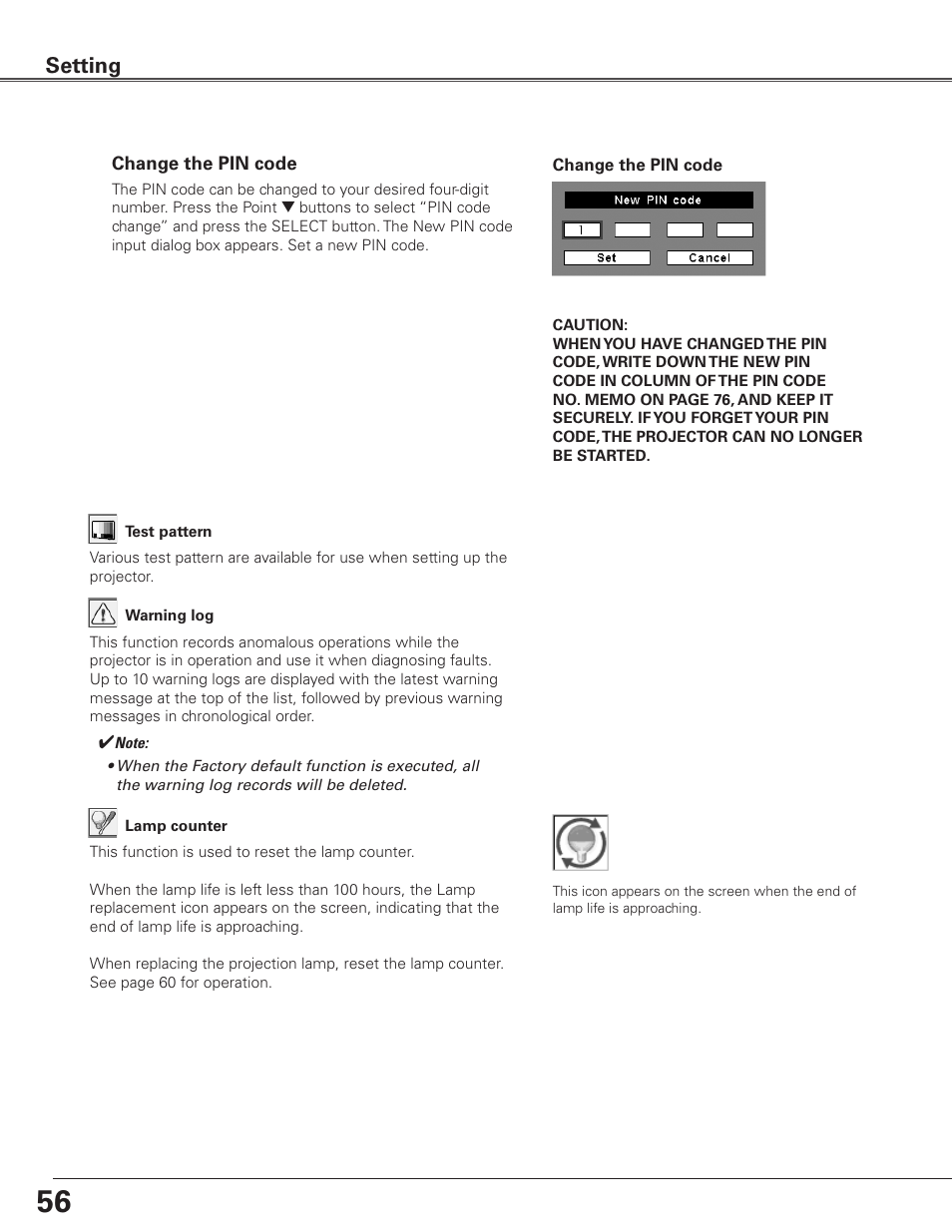 Setting | Eiki Multimedia Projector LC-XG400L User Manual | Page 56 / 78