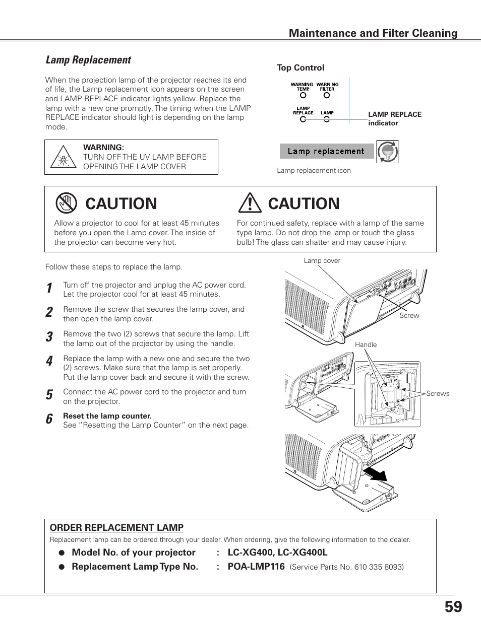 Lamp replacement, Caution | Eiki Multimedia Projector LC-XG400L User Manual | Page 59 / 78