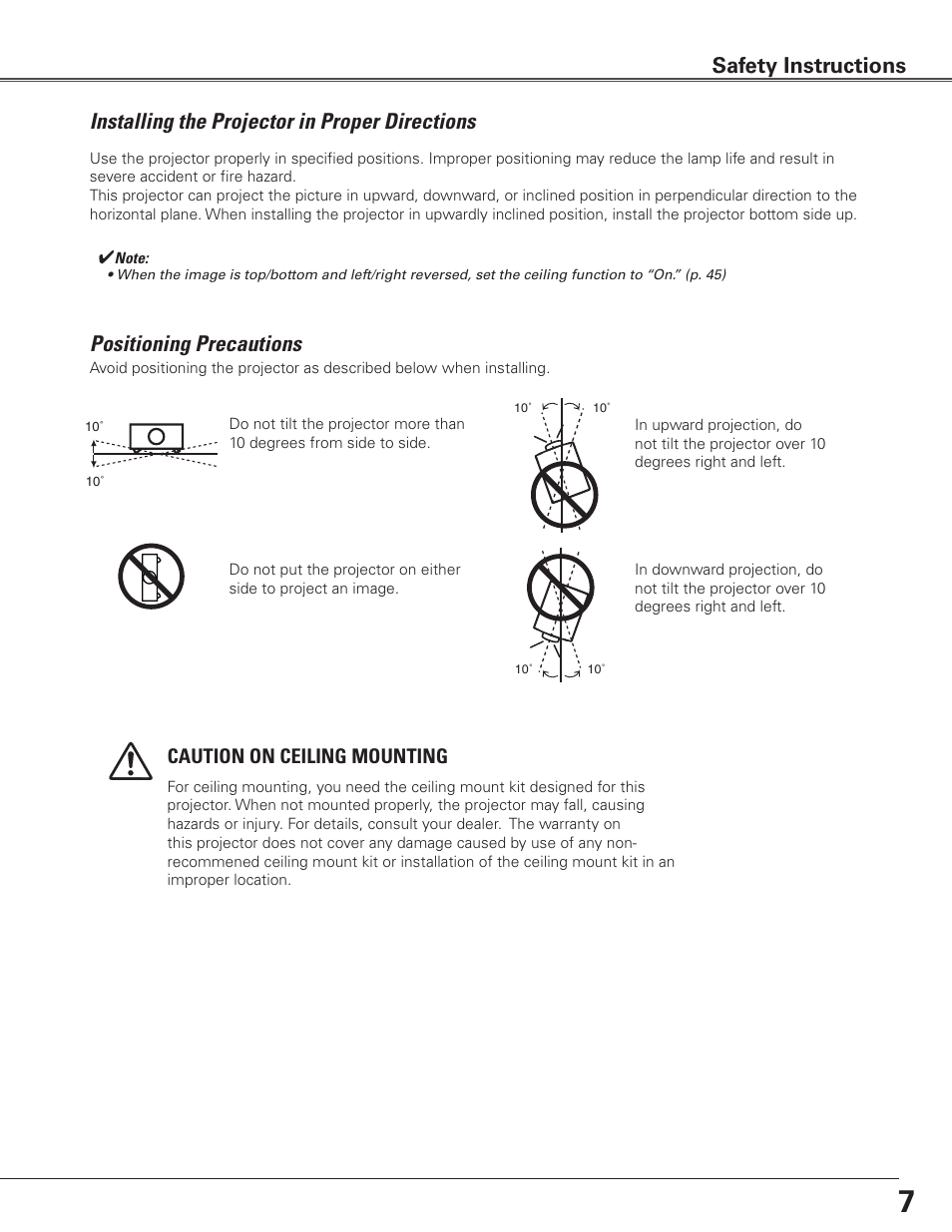 Installing the projector in proper directions, Positioning precautions, Safety instructions | Caution on ceiling mounting | Eiki Multimedia Projector LC-XG400L User Manual | Page 7 / 78