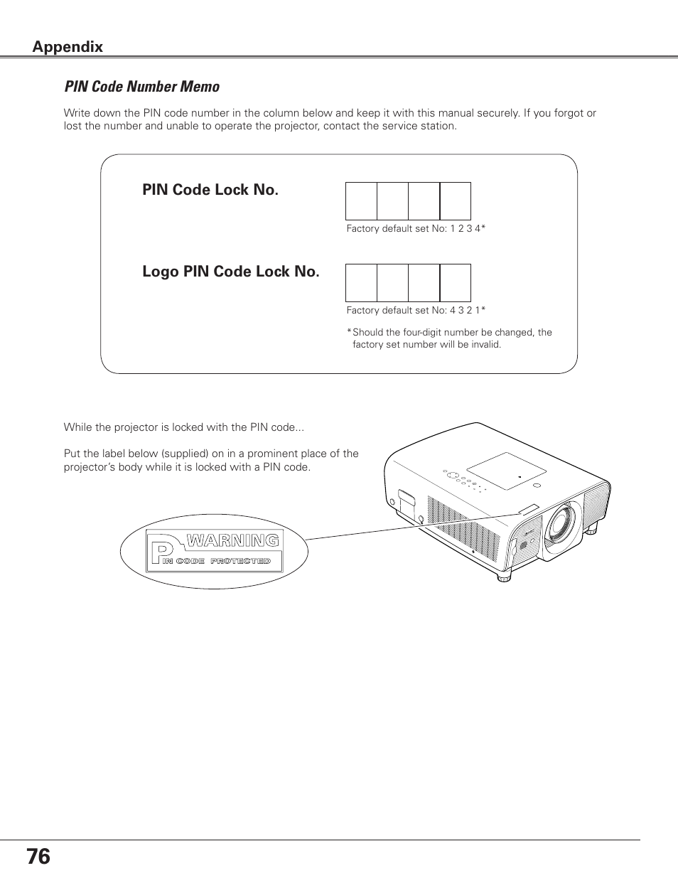 Pin code number memo | Eiki Multimedia Projector LC-XG400L User Manual | Page 76 / 78