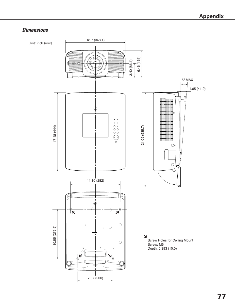 Dimensions, Appendix | Eiki Multimedia Projector LC-XG400L User Manual | Page 77 / 78