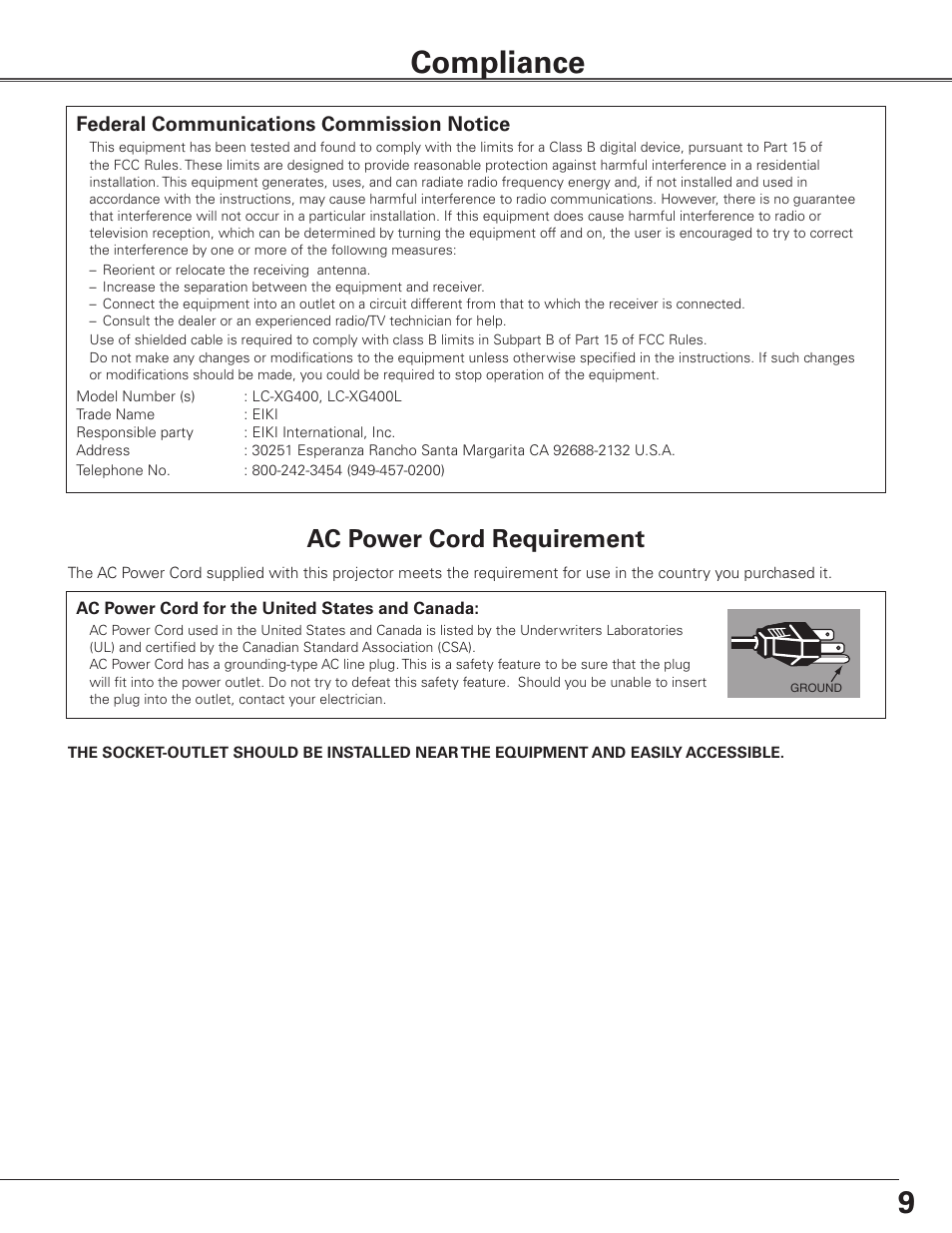 Compliance, Ac power cord requirement | Eiki Multimedia Projector LC-XG400L User Manual | Page 9 / 78