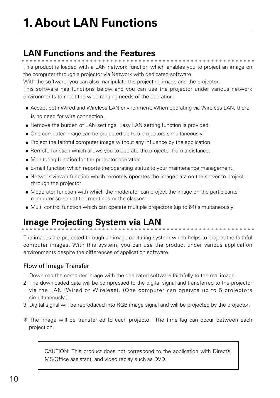 Lan functions and the features, Image projecting system via lan, Flow of image transfer | About lan functions | Eiki WL-30(XG-705A) User Manual | Page 10 / 99