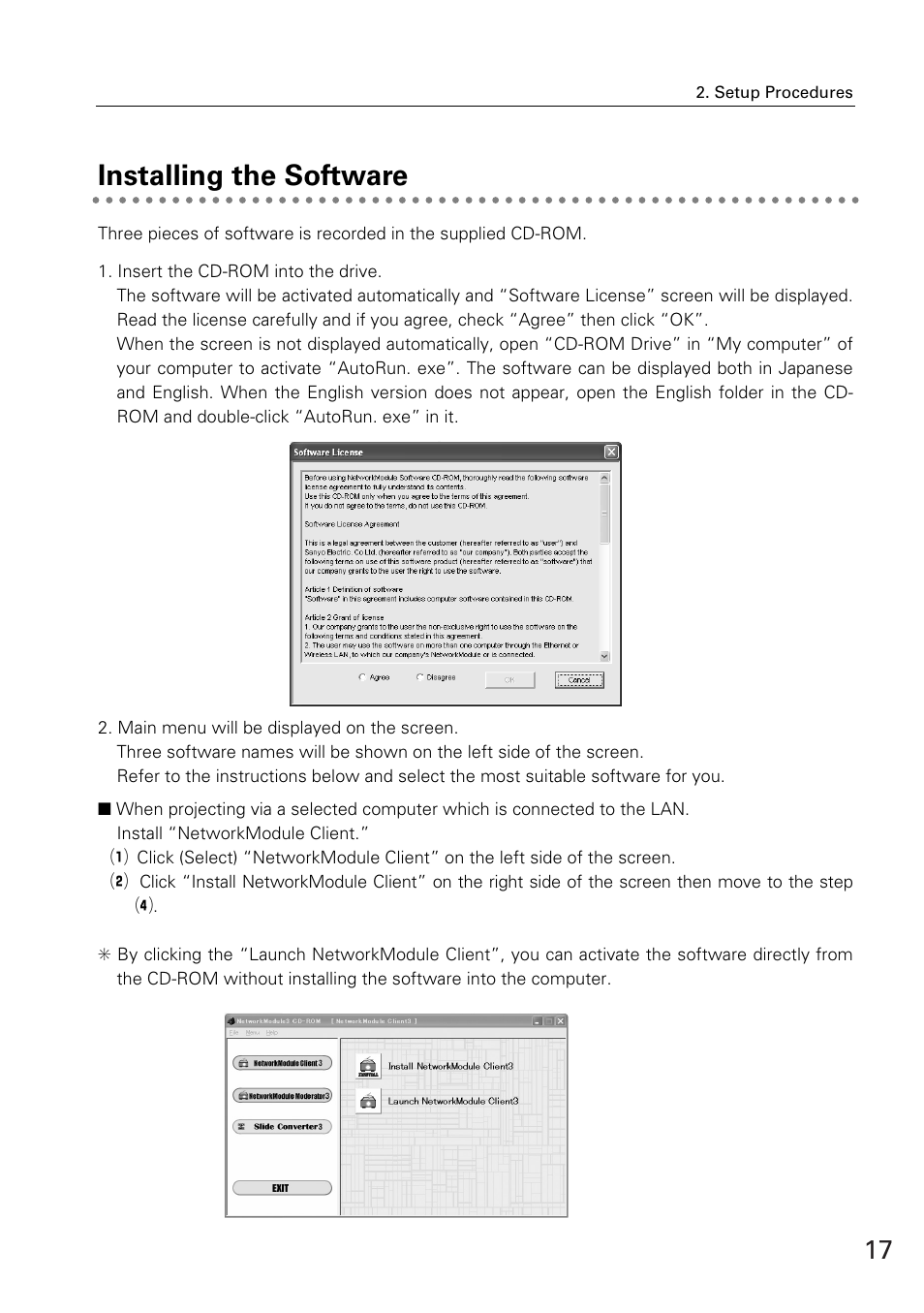 Installing the software | Eiki WL-30(XG-705A) User Manual | Page 17 / 99