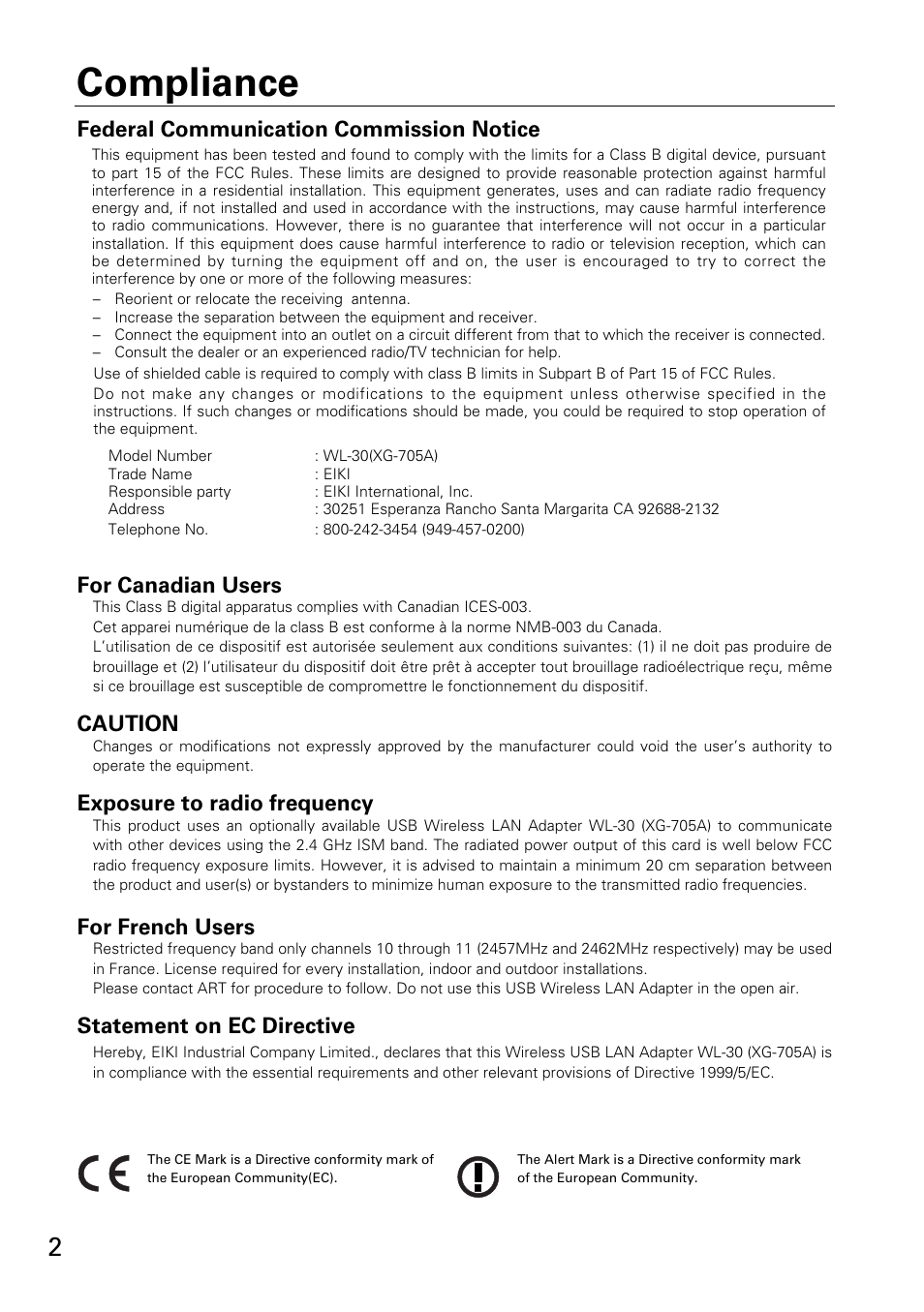 Compliance, For canadian users, Caution | Exposure to radio frequency, For french users, Statement on ec directive, Federal communication commission notice | Eiki WL-30(XG-705A) User Manual | Page 2 / 99