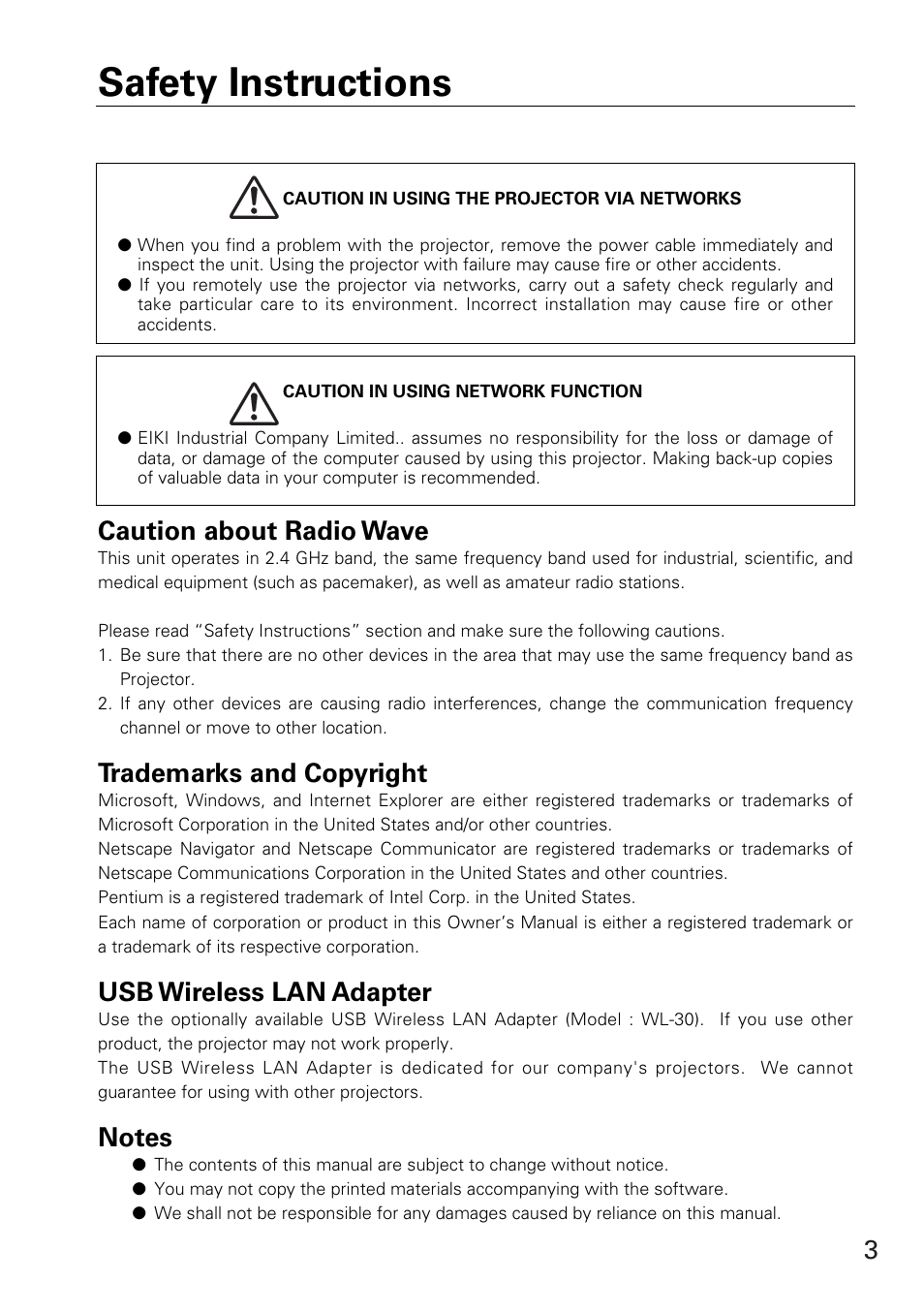 Safety instructions, Caution about radio wave, Trademarks and copyright | Usb wireless lan adapter | Eiki WL-30(XG-705A) User Manual | Page 3 / 99