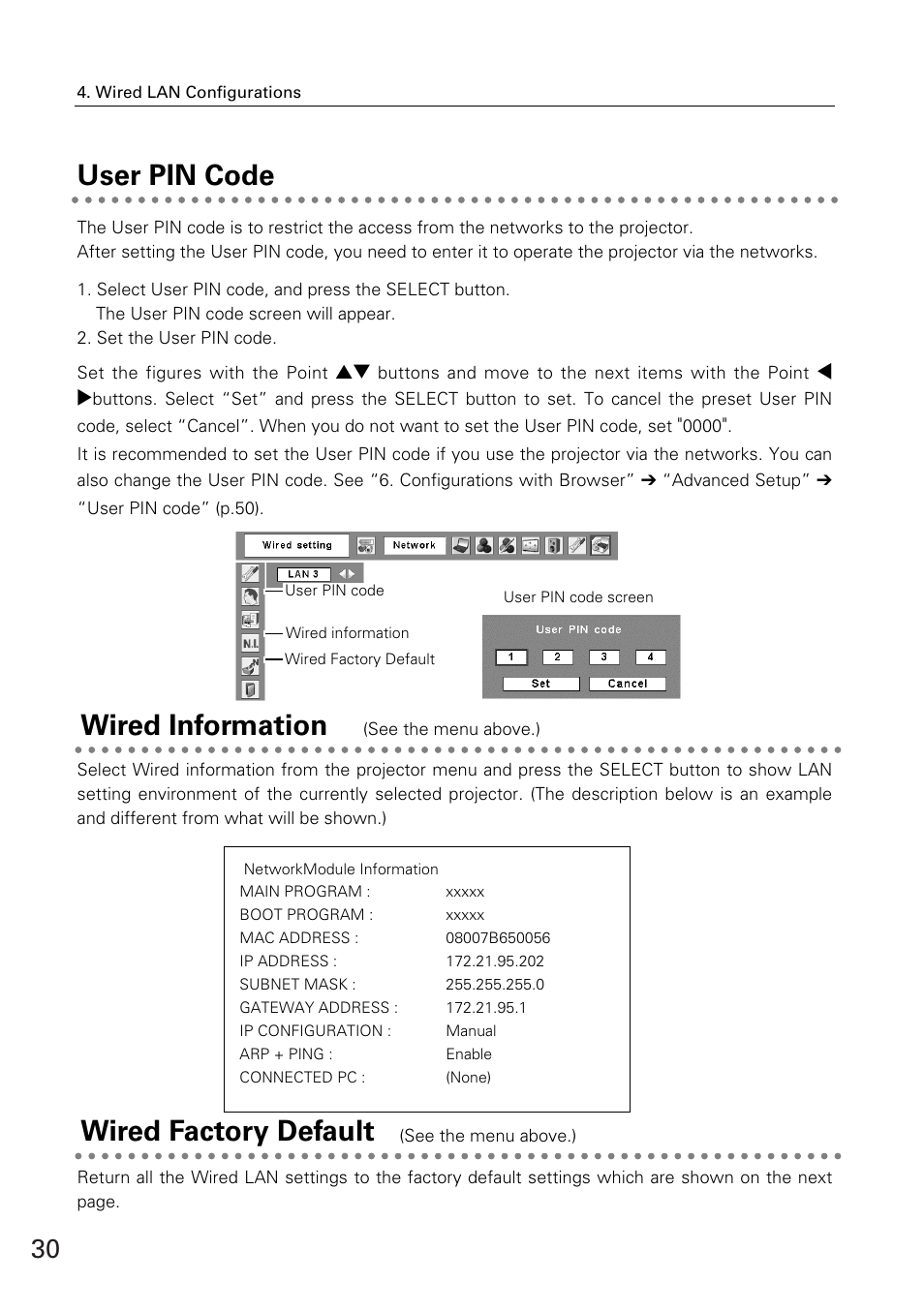 User pin code, Wired information, Wired factory default | Wired information user pin code | Eiki WL-30(XG-705A) User Manual | Page 30 / 99