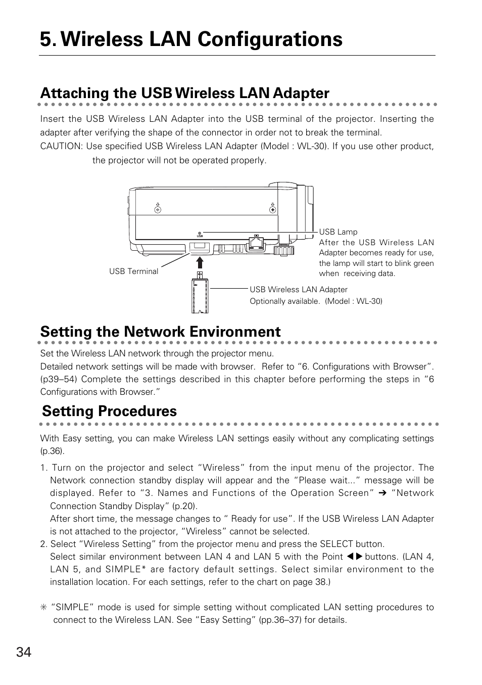 Attaching the usb wireless lan adapter, Setting the network environment, Setting procedures | Wireless lan configurations | Eiki WL-30(XG-705A) User Manual | Page 34 / 99