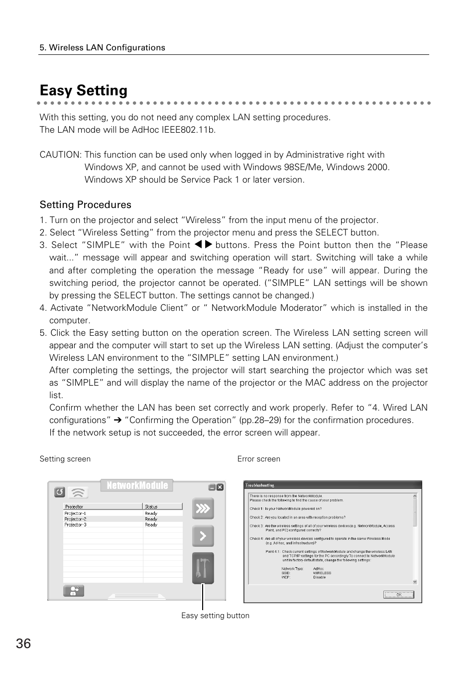 Easy setting, Setting procedures | Eiki WL-30(XG-705A) User Manual | Page 36 / 99