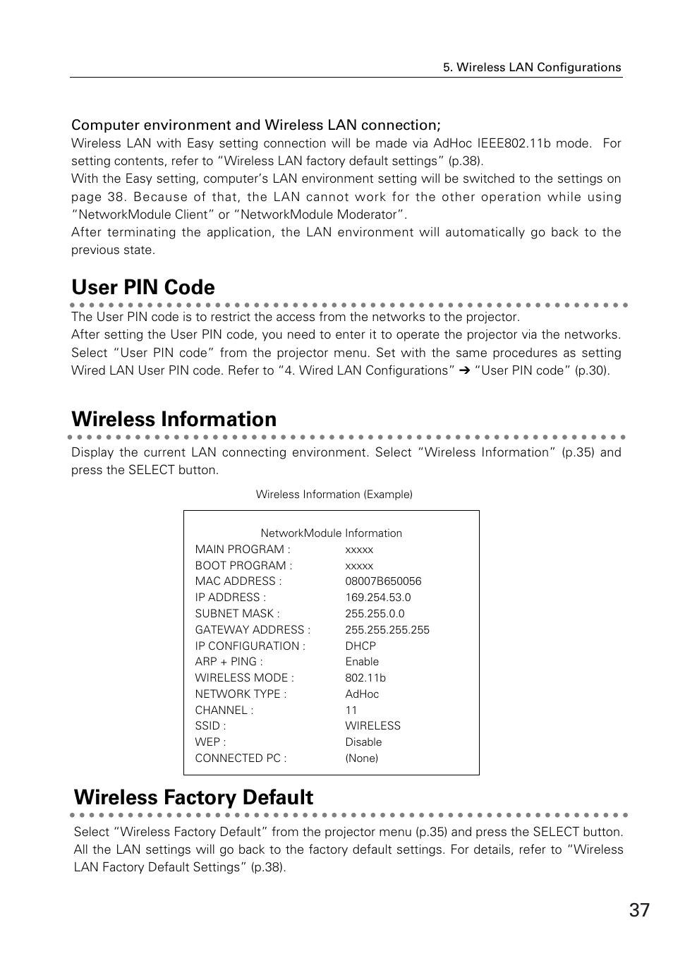 User pin code, Wireless information, Wireless factory default | Wireless information user pin code | Eiki WL-30(XG-705A) User Manual | Page 37 / 99