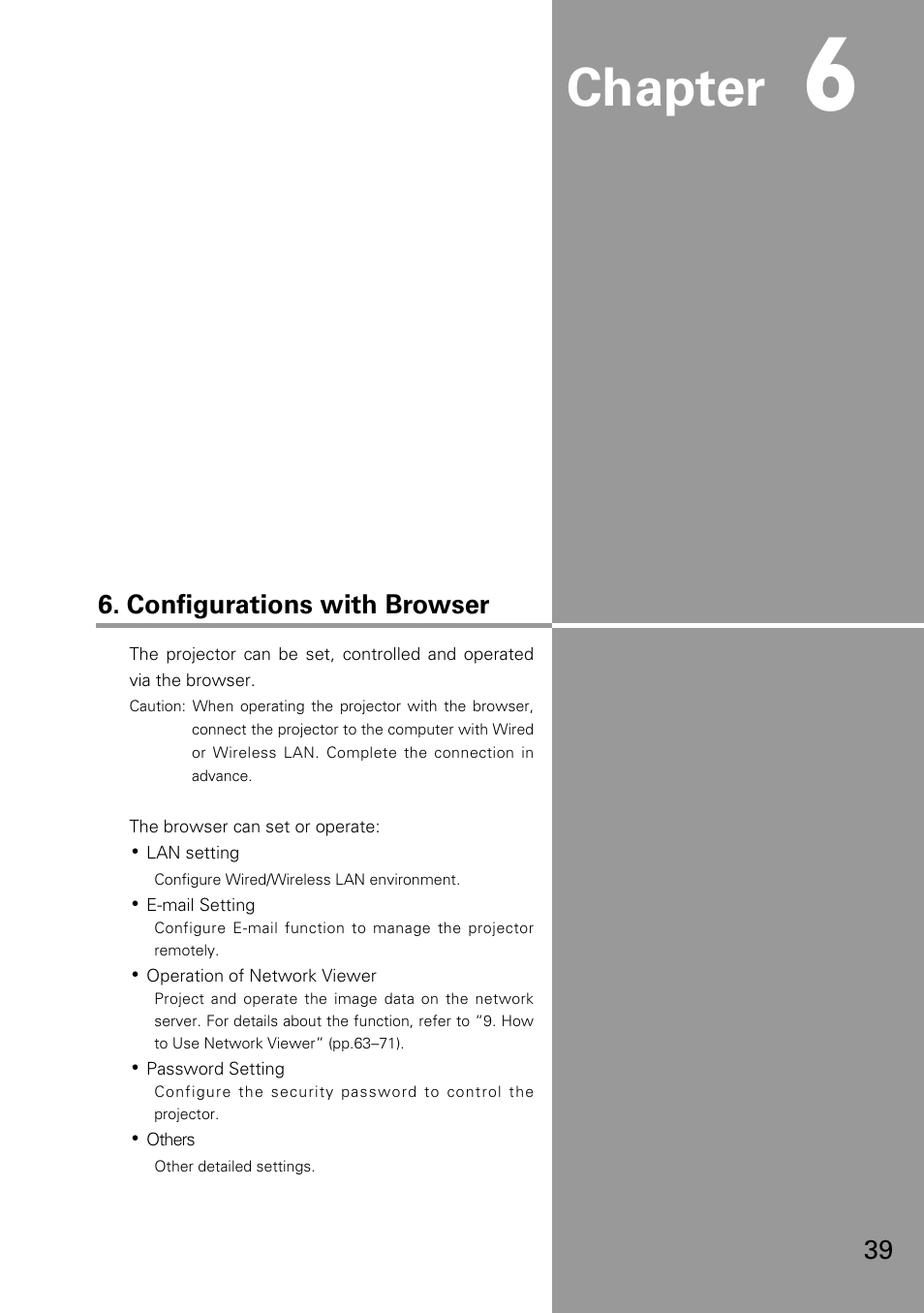 Configurations with browser, Chapter | Eiki WL-30(XG-705A) User Manual | Page 39 / 99