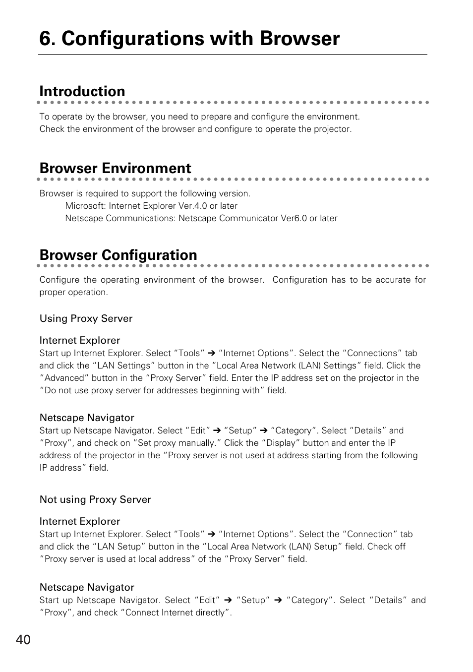 Introduction, Browser environment, Browser configuration | Configurations with browser, Browser environment introduction | Eiki WL-30(XG-705A) User Manual | Page 40 / 99