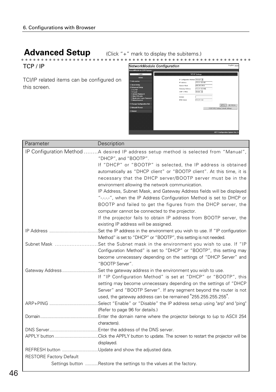 Advanced setup, Tcp / ip, Tcp/ip | Eiki WL-30(XG-705A) User Manual | Page 46 / 99
