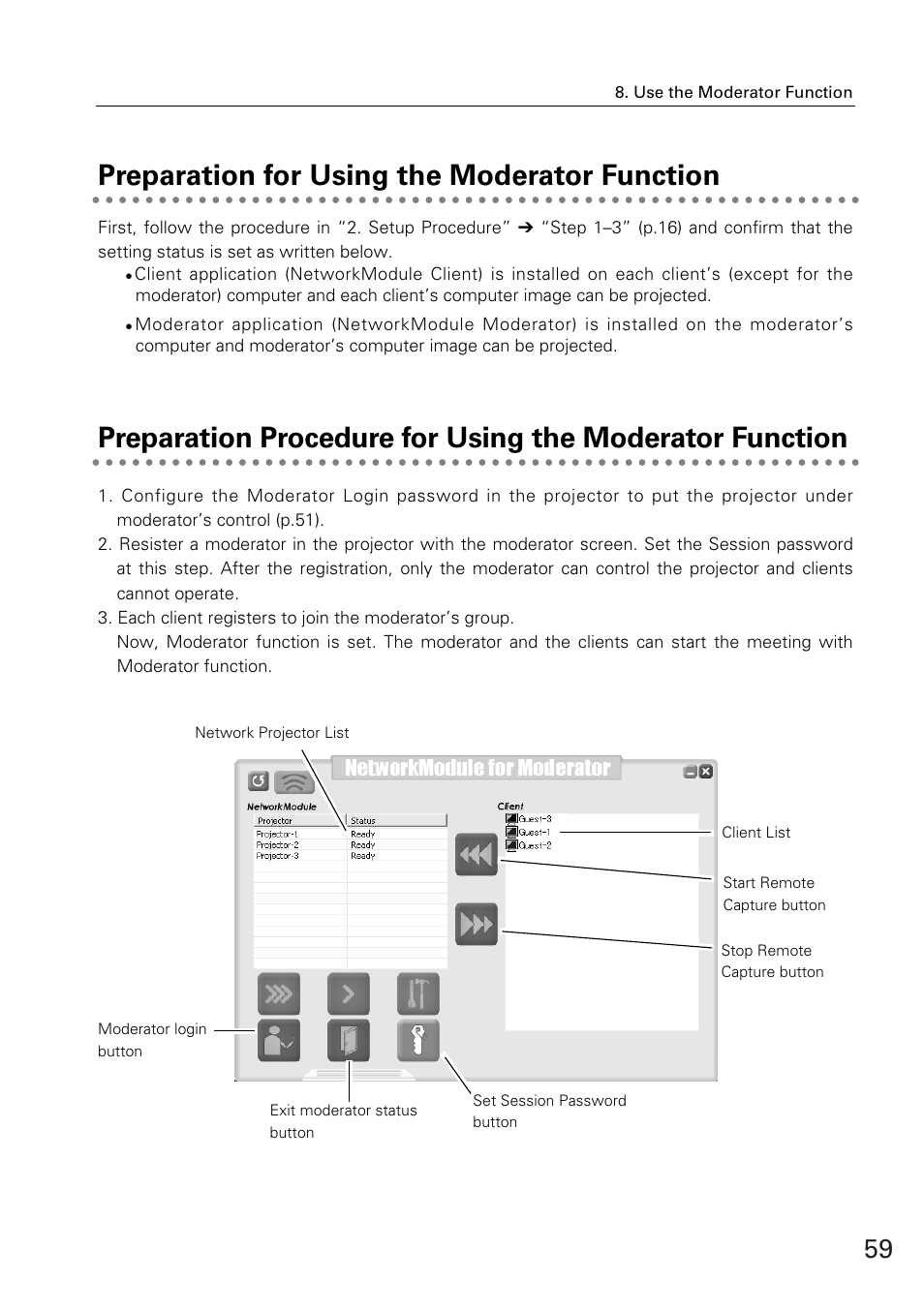 Preparation for using the moderator function | Eiki WL-30(XG-705A) User Manual | Page 59 / 99