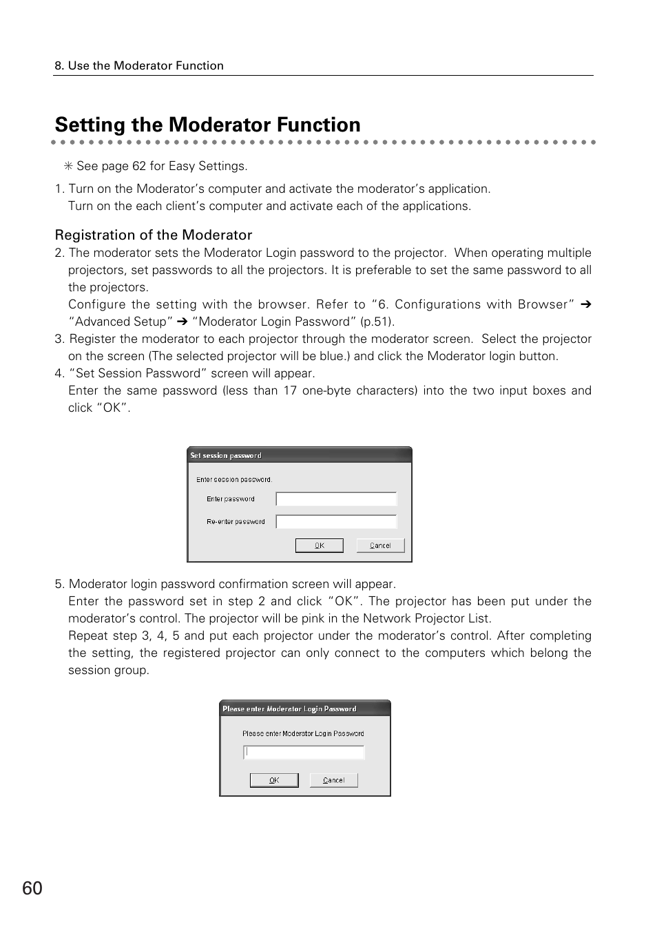 Setting the moderator function, Registration of the moderator | Eiki WL-30(XG-705A) User Manual | Page 60 / 99