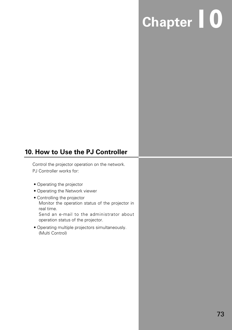 How to use the pj controller, Chapter | Eiki WL-30(XG-705A) User Manual | Page 73 / 99