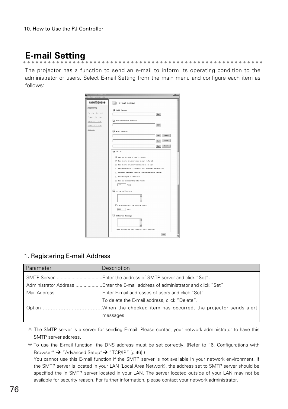 E-mail setting | Eiki WL-30(XG-705A) User Manual | Page 76 / 99