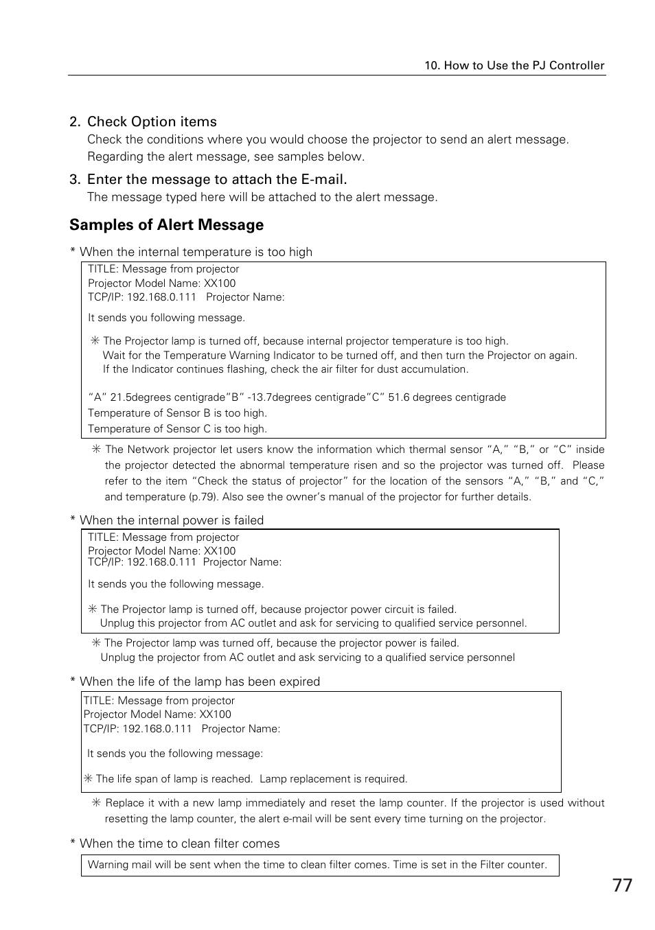 Samples of alert message | Eiki WL-30(XG-705A) User Manual | Page 77 / 99