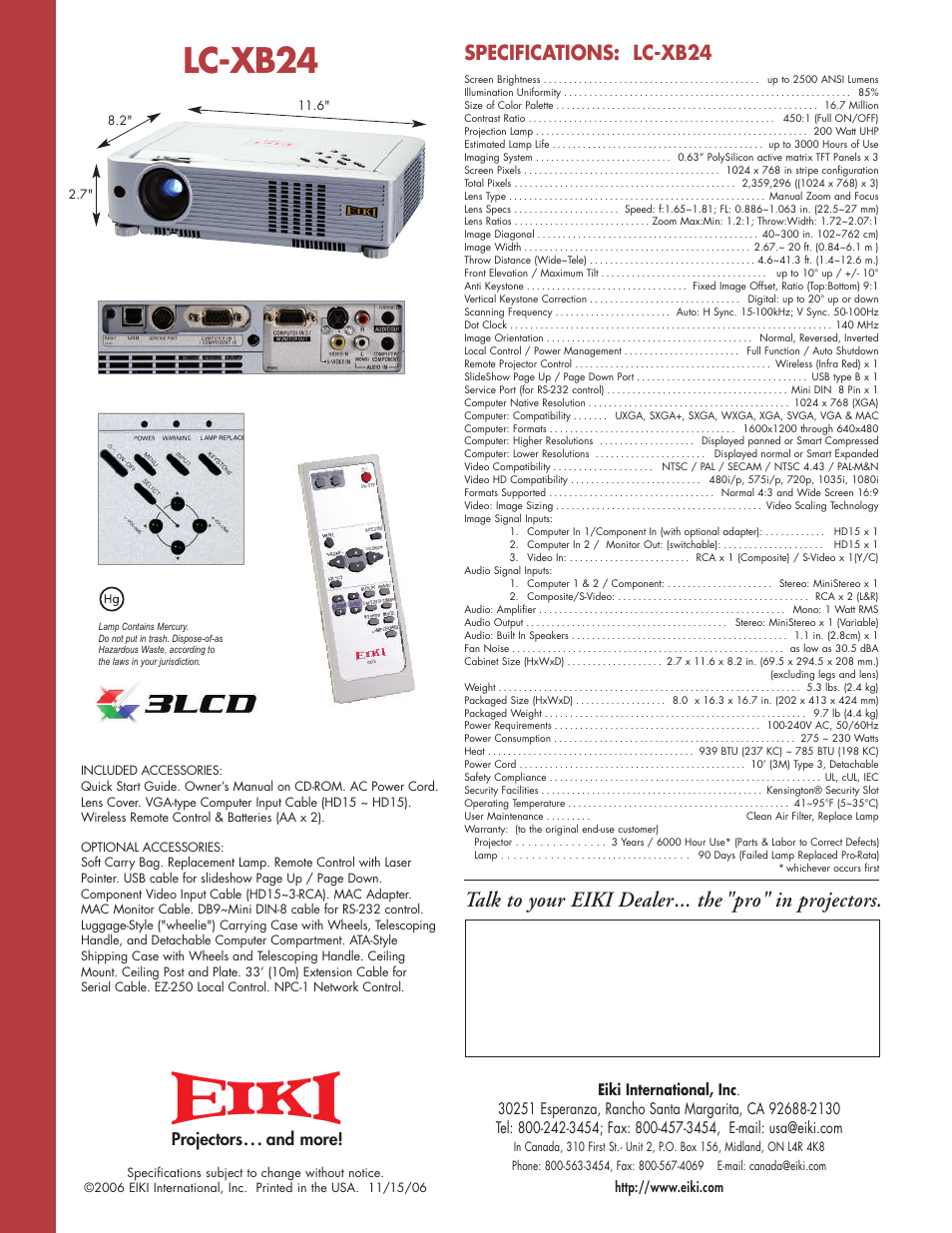 Lc-xb24, Specifications: lc-xb24 | Eiki LC-XB24 User Manual | Page 2 / 2