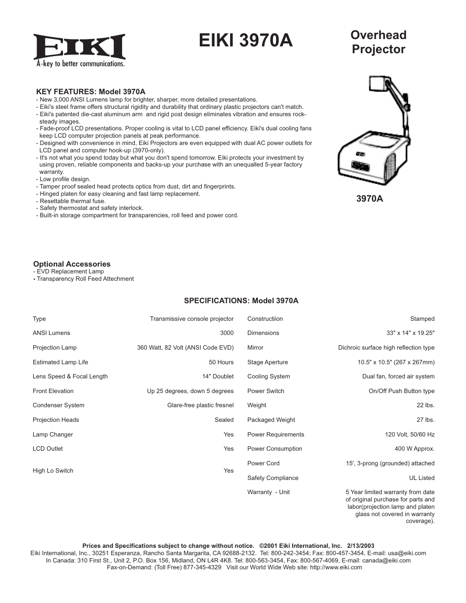 Eiki 3970A User Manual | 1 page