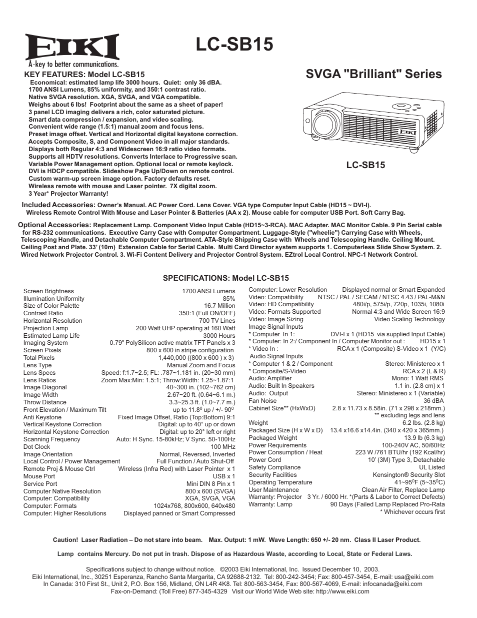 Eiki SVGA Brilliant Series LC-SB1 User Manual | 1 page