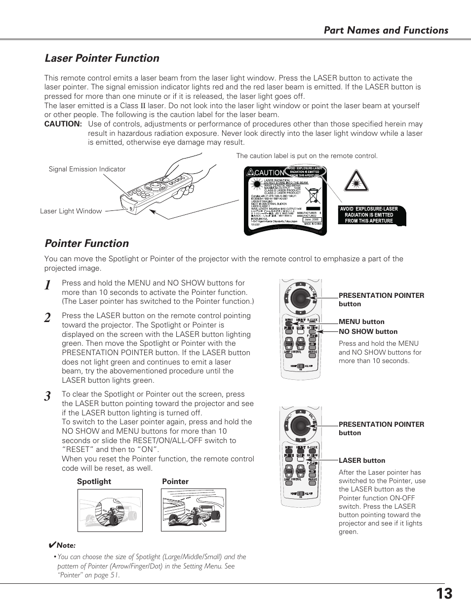 Laser pointer function, Pointer function, Part names and functions | Eiki LC-XB29N User Manual | Page 13 / 73
