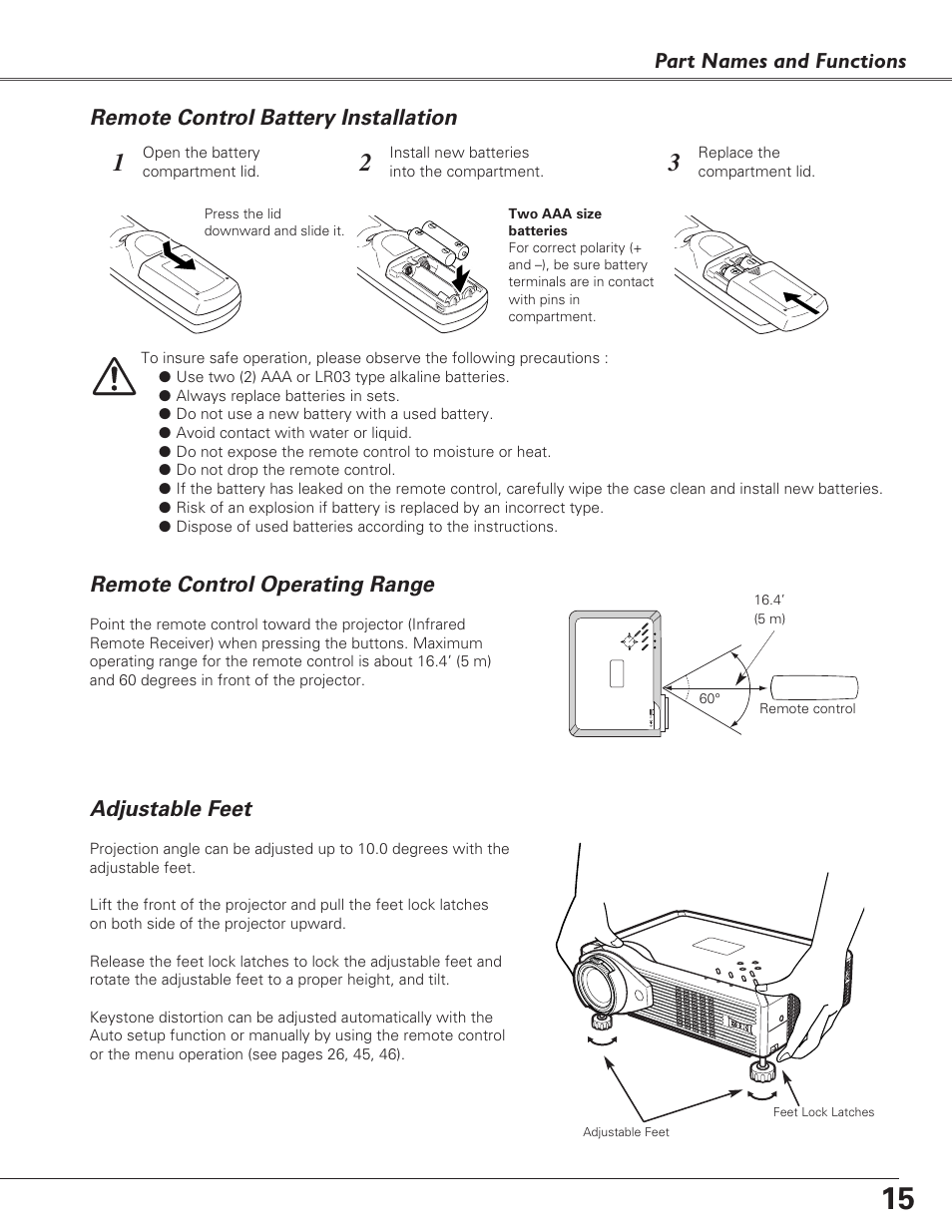 Remote control battery installation, Remote control operating range, Adjustable feet | Part names and functions adjustable feet | Eiki LC-XB29N User Manual | Page 15 / 73