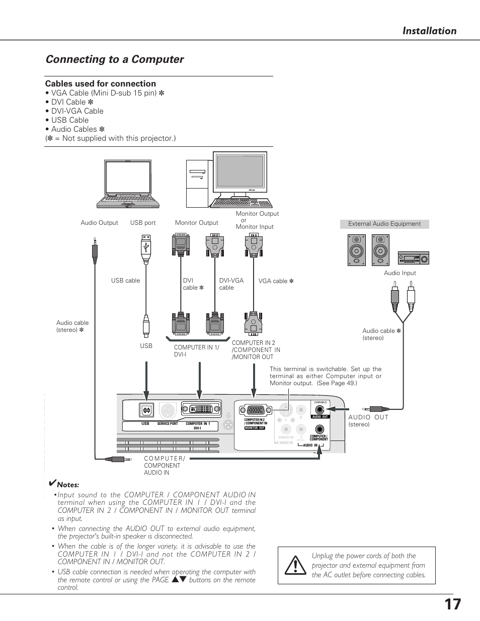 Connecting to a computer, Installation, Cables used for connection | Eiki LC-XB29N User Manual | Page 17 / 73