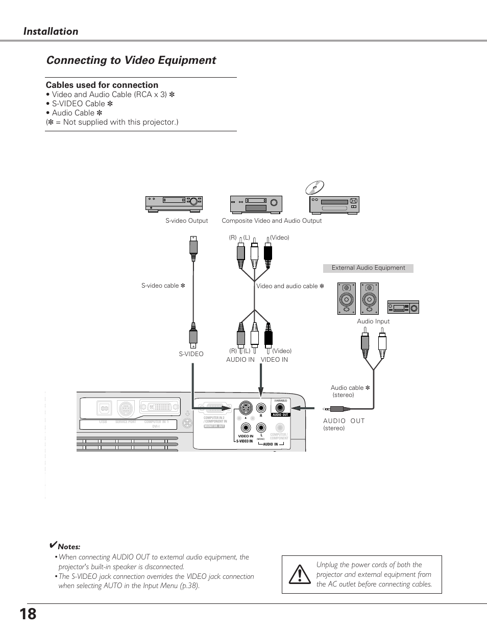 Connecting to video equipment, Installation, Cables used for connection | Eiki LC-XB29N User Manual | Page 18 / 73