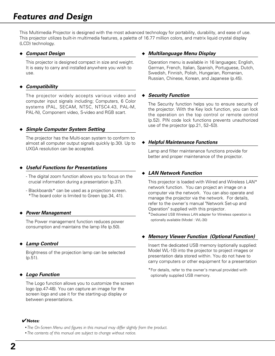 Features and design, 2features and design | Eiki LC-XB29N User Manual | Page 2 / 73