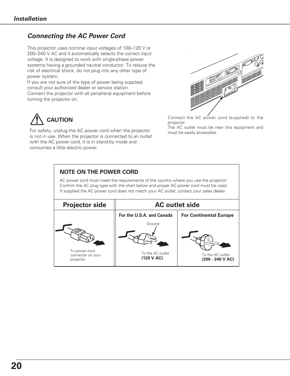 Connecting the ac power cord, Installation connecting the ac power cord, Projector side ac outlet side | Eiki LC-XB29N User Manual | Page 20 / 73