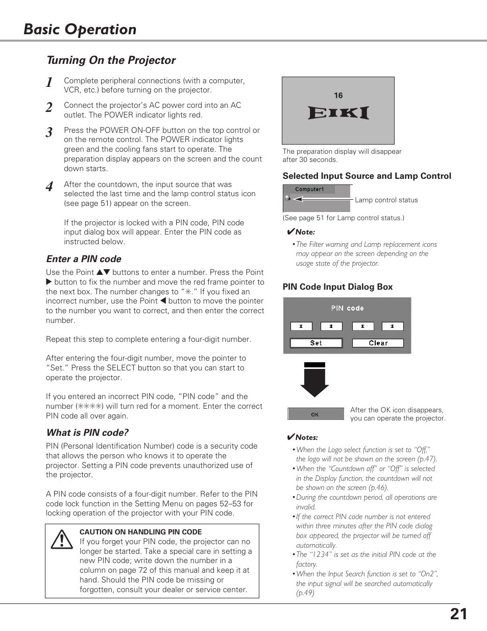 Basic operation, Turning on the projector | Eiki LC-XB29N User Manual | Page 21 / 73