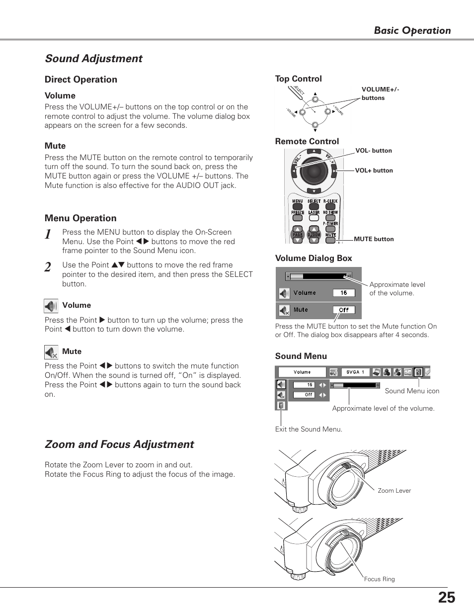 Sound adjustment, Zoom and focus adjustment, Basic operation | Zoom and focus adjustment sound adjustment | Eiki LC-XB29N User Manual | Page 25 / 73