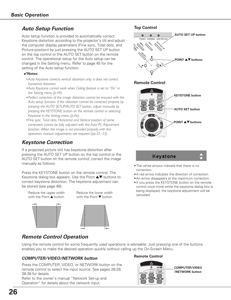 Auto setup function, Keystone correction, Remote control operation | Basic operation, Keystone correction auto setup function, Top control, Computer/video/network button remote control | Eiki LC-XB29N User Manual | Page 26 / 73