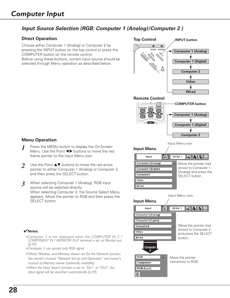 Computer input, Input source selection, Rgb: computer 1 (analog)/computer 2 ) | Eiki LC-XB29N User Manual | Page 28 / 73