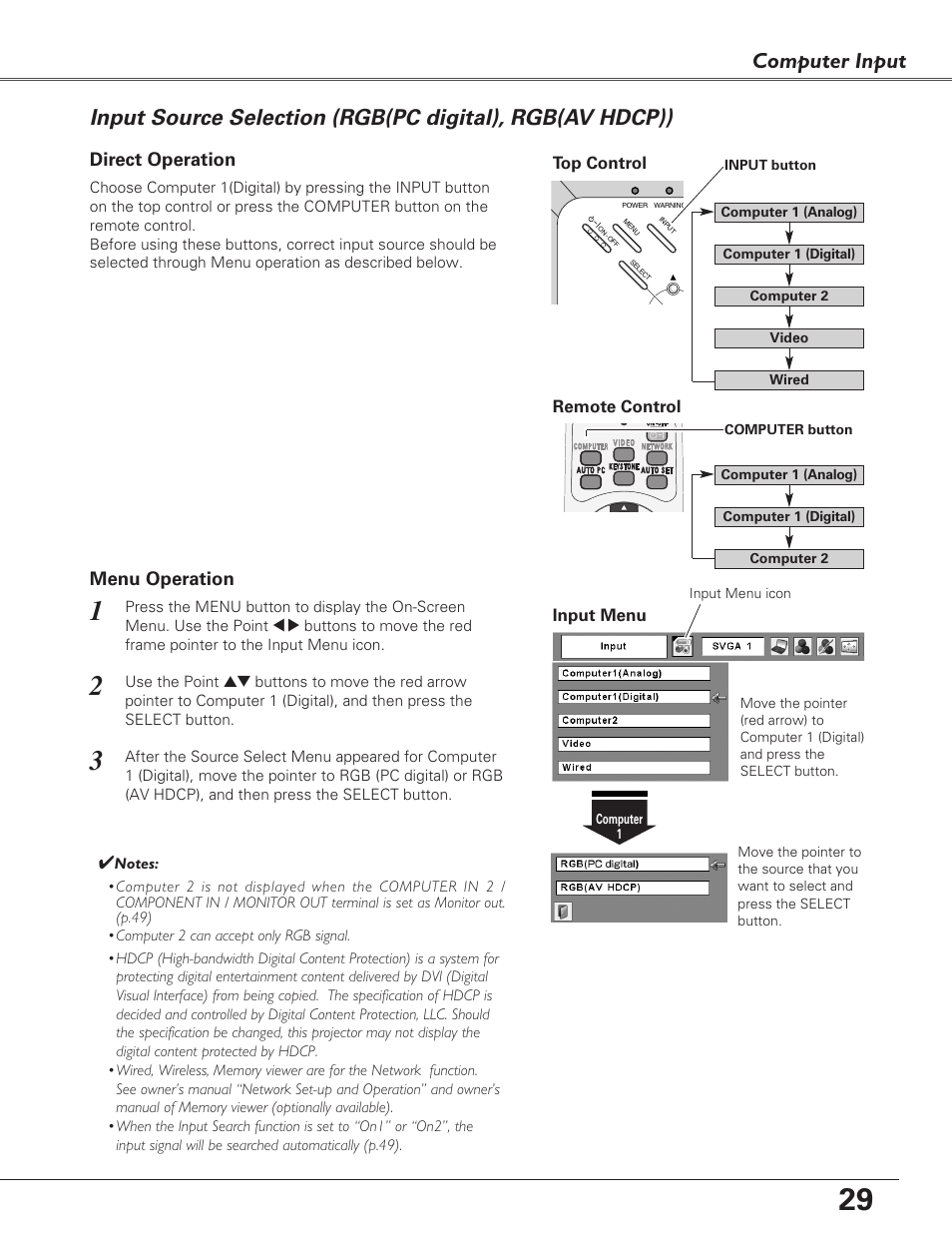 Input source selection, Rgb(pc digital), rgb(av hdcp)), Computer input | Eiki LC-XB29N User Manual | Page 29 / 73