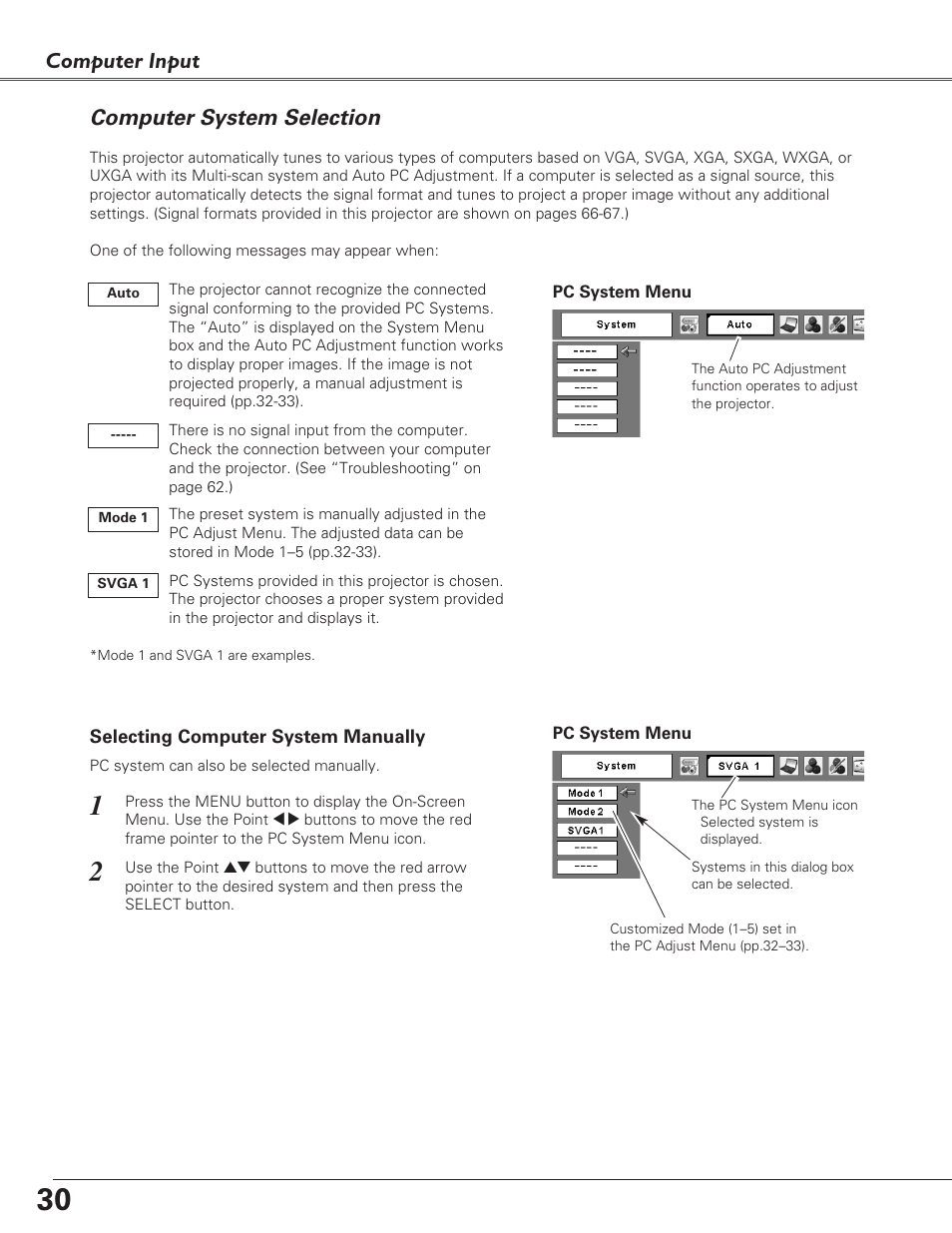 Computer system selection, Computer input | Eiki LC-XB29N User Manual | Page 30 / 73