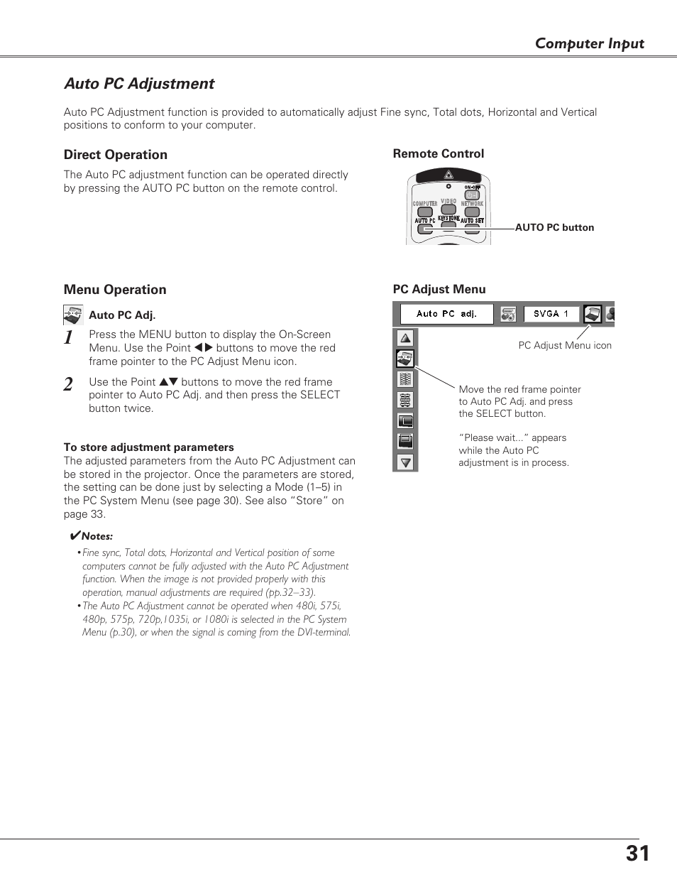 Auto pc adjustment, Computer input | Eiki LC-XB29N User Manual | Page 31 / 73